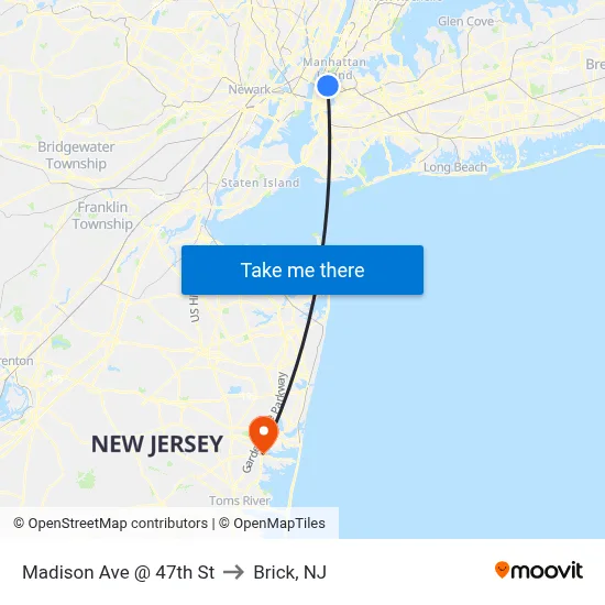 Madison Ave @ 47th St to Brick, NJ map