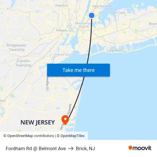 Fordham Rd @ Belmont Ave to Brick, NJ map