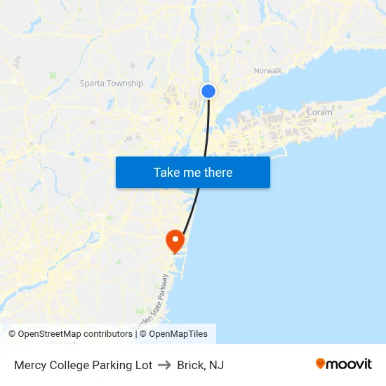 Mercy College Parking Lot to Brick, NJ map