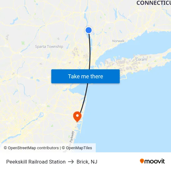 Peekskill Railroad Station to Brick, NJ map