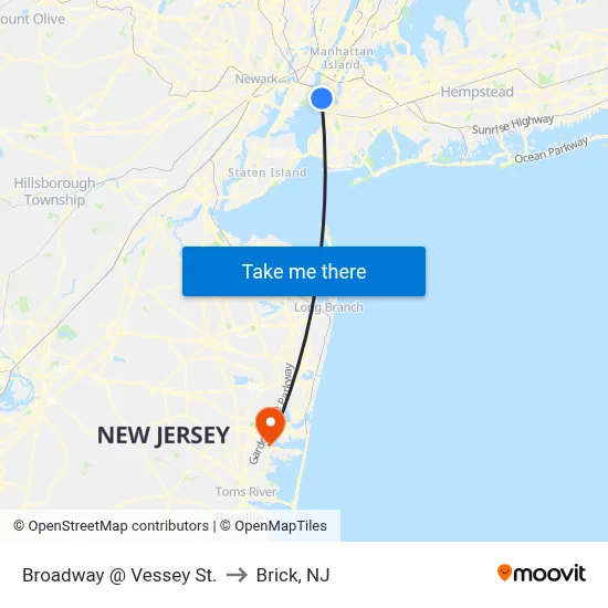 Broadway @ Vessey St. to Brick, NJ map