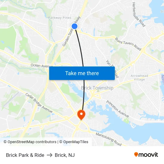 Brick Park & Ride to Brick, NJ map