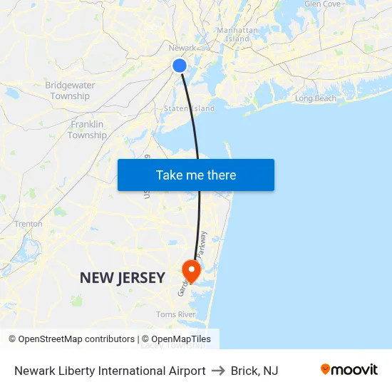 Newark Liberty International Airport to Brick, NJ map