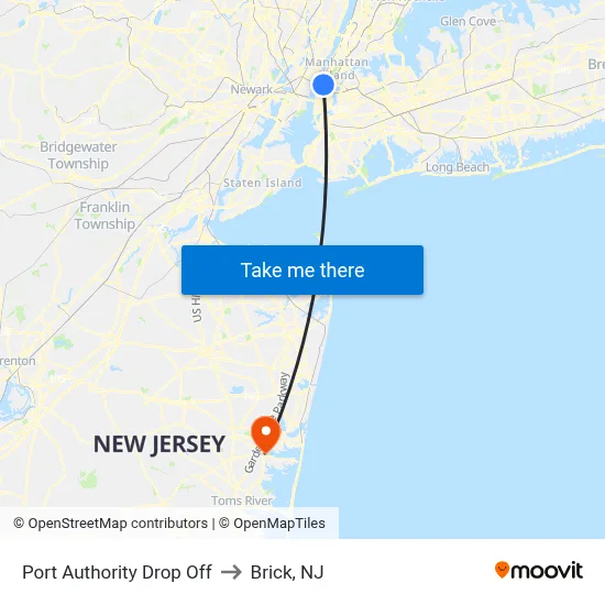 Port Authority Drop Off to Brick, NJ map