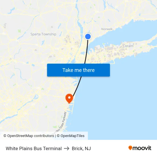 White Plains Bus Terminal to Brick, NJ map