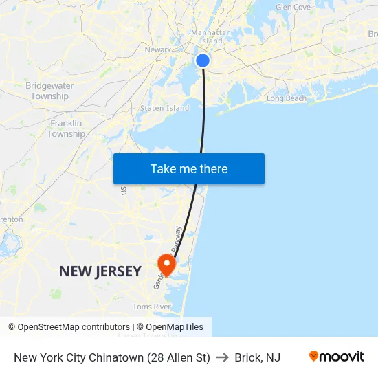 New York City Chinatown (28 Allen St) to Brick, NJ map