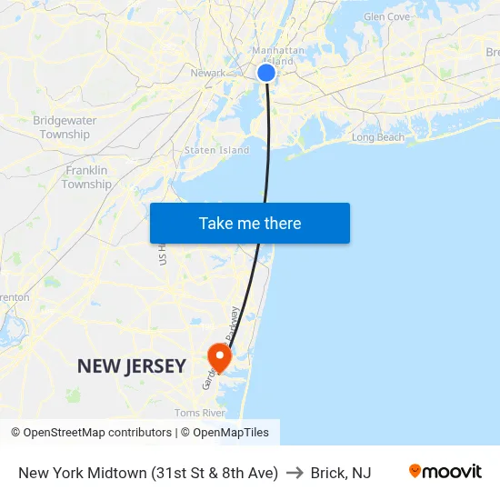 New York Midtown (31st St & 8th Ave) to Brick, NJ map