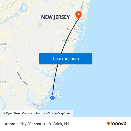Atlantic City (Caesars) to Brick, NJ map