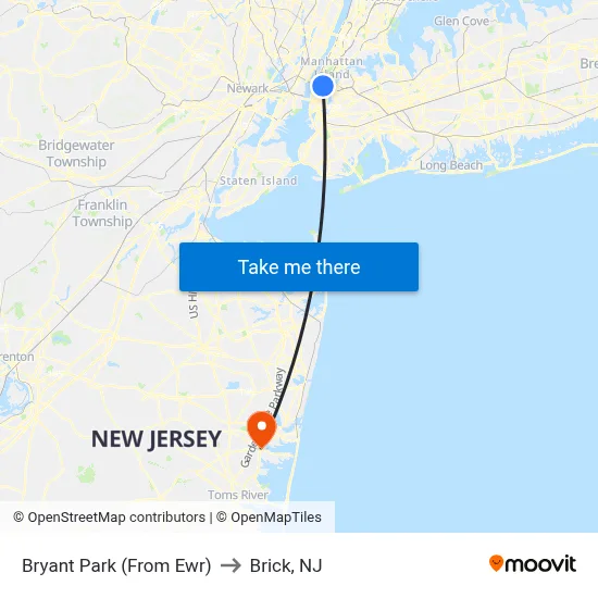 Bryant Park (From Ewr) to Brick, NJ map