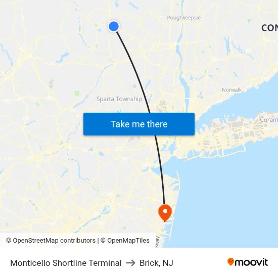 Monticello Shortline Terminal to Brick, NJ map