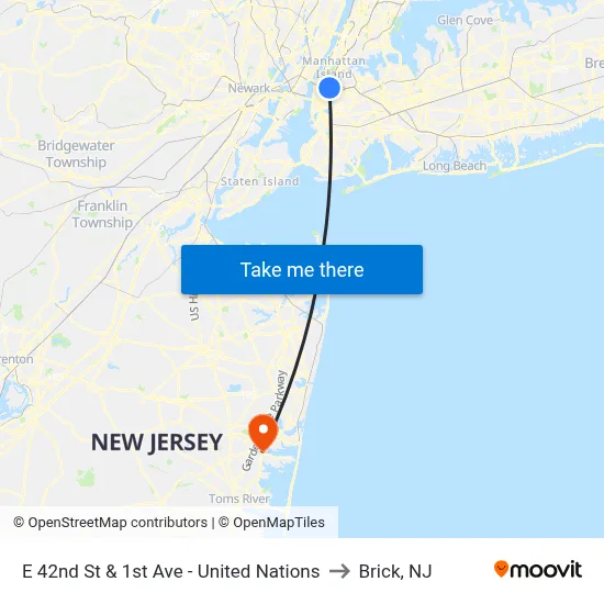 E 42nd St & 1st Ave - United Nations to Brick, NJ map