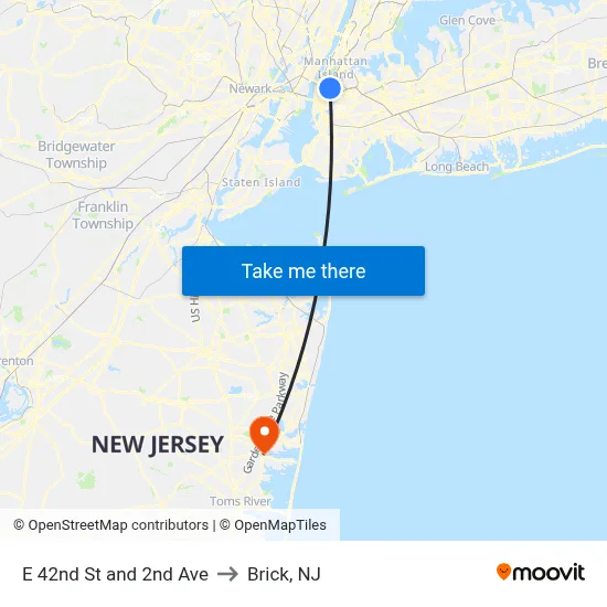 E 42nd St and 2nd Ave to Brick, NJ map