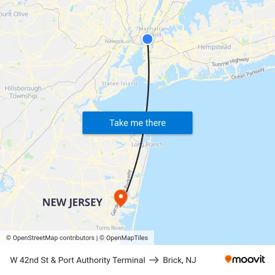 W 42nd St & Port Authority Terminal to Brick, NJ map