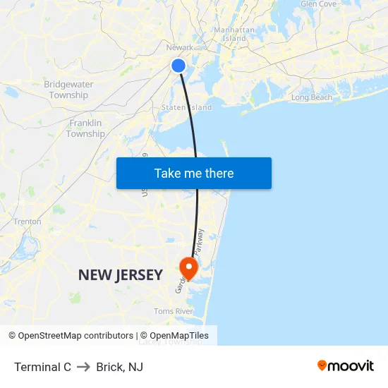 Terminal C to Brick, NJ map