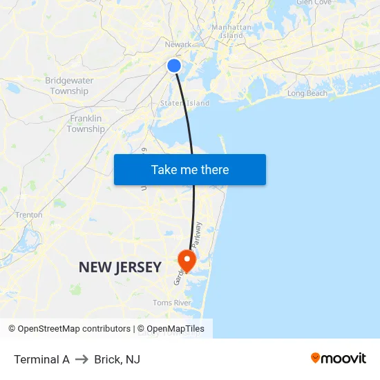 Terminal A to Brick, NJ map