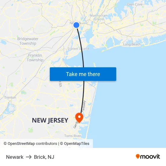 Newark to Brick, NJ map