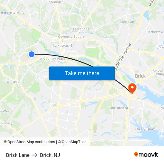 Brisk Lane to Brick, NJ map