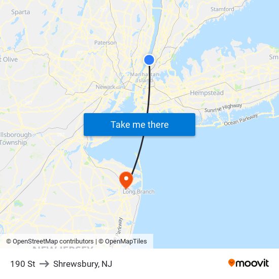 190 St to Shrewsbury, NJ map