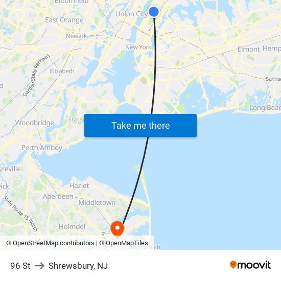 96 St to Shrewsbury, NJ map