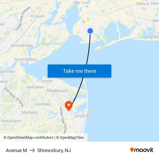 Avenue M to Shrewsbury, NJ map