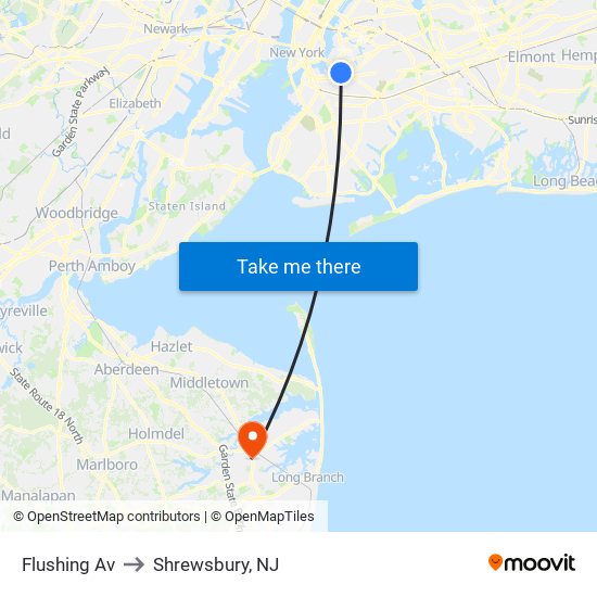 Flushing Av to Shrewsbury, NJ map