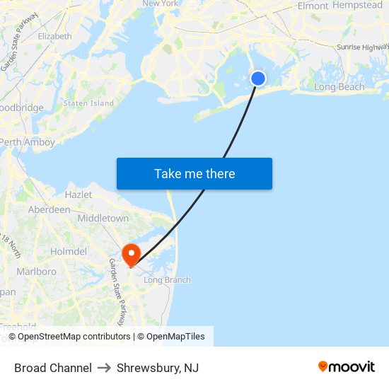 Broad Channel to Shrewsbury, NJ map