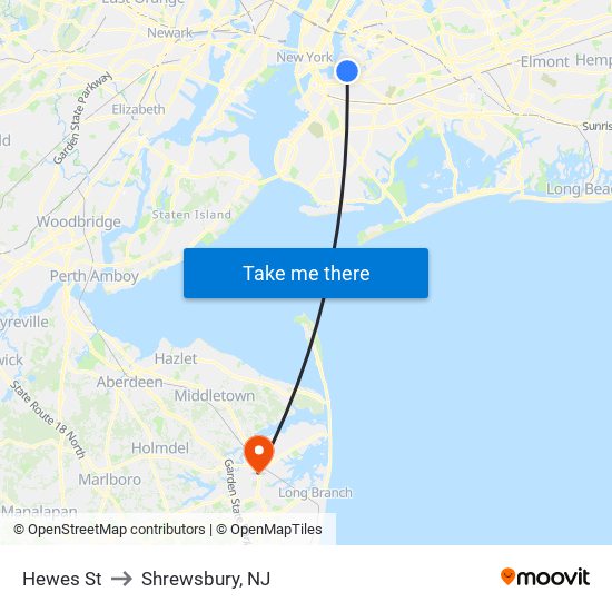Hewes St to Shrewsbury, NJ map