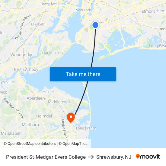 President St-Medgar Evers College to Shrewsbury, NJ map