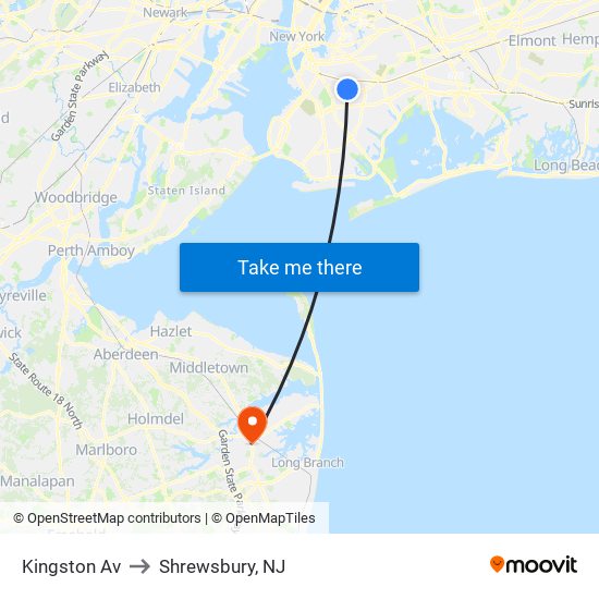 Kingston Av to Shrewsbury, NJ map