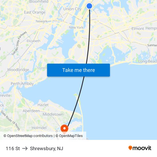 116 St to Shrewsbury, NJ map