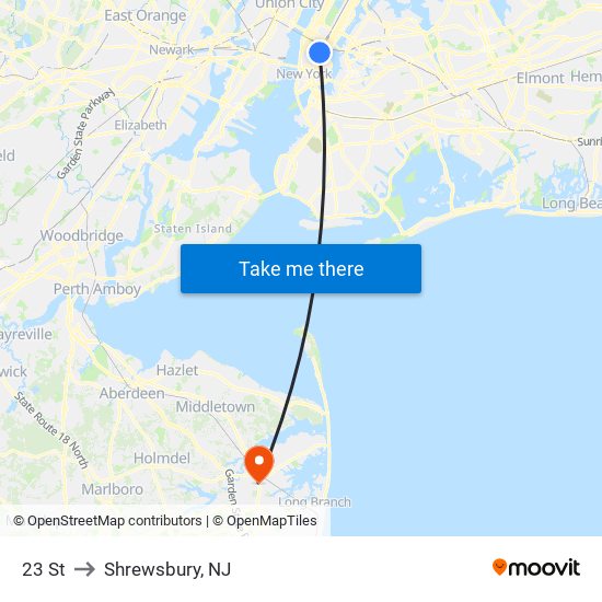 23 St to Shrewsbury, NJ map