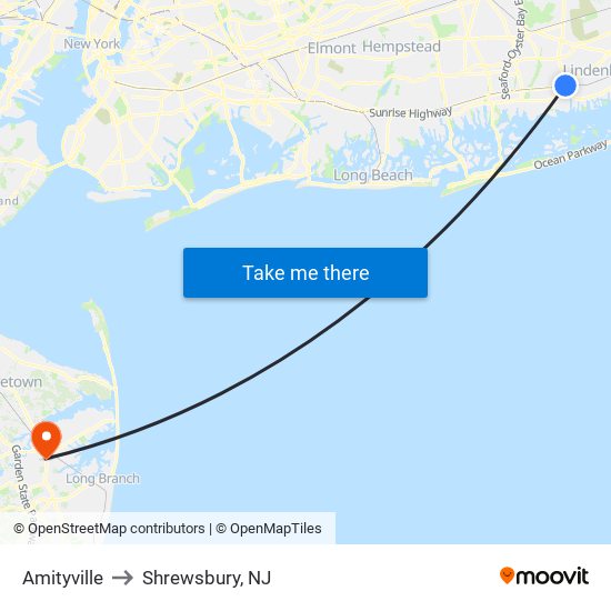 Amityville to Shrewsbury, NJ map