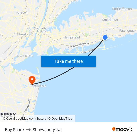 Bay Shore to Shrewsbury, NJ map