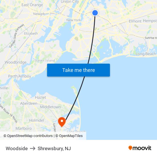 Woodside to Shrewsbury, NJ map