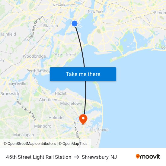 45th Street Light Rail Station to Shrewsbury, NJ map