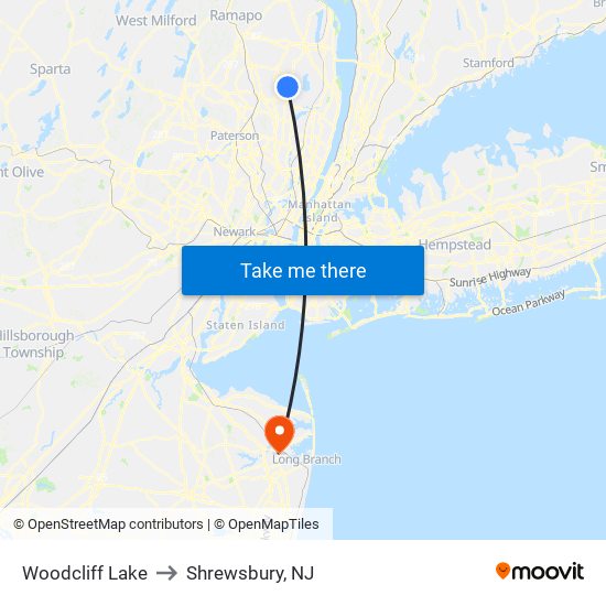 Woodcliff Lake to Shrewsbury, NJ map