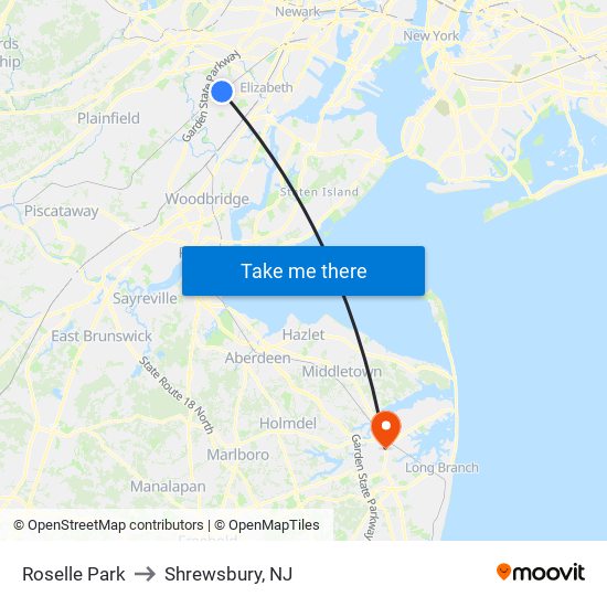 Roselle Park to Shrewsbury, NJ map