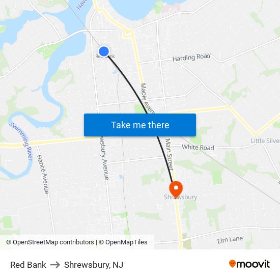 Red Bank to Shrewsbury, NJ map
