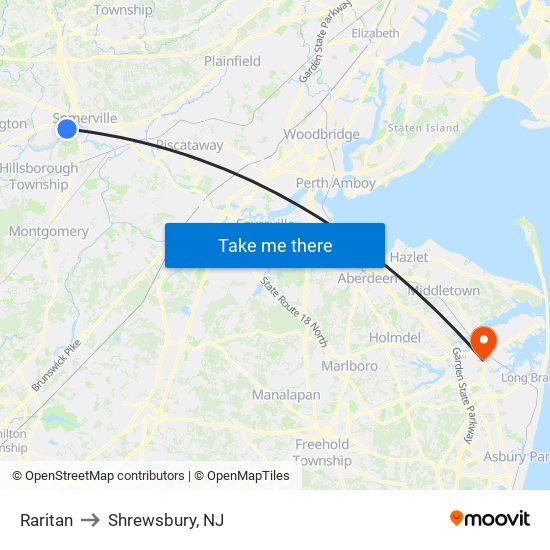 Raritan to Shrewsbury, NJ map