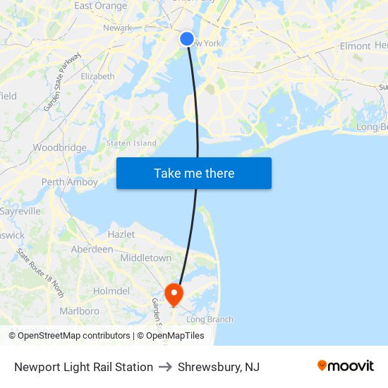 Newport Light Rail Station to Shrewsbury, NJ map