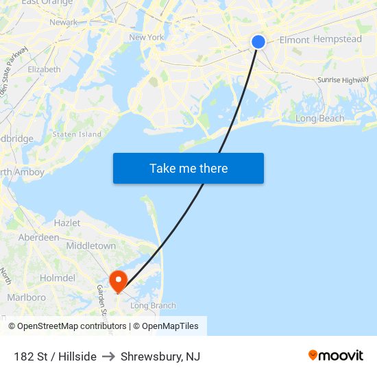 182 St / Hillside to Shrewsbury, NJ map