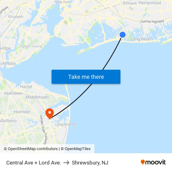 Central Ave + Lord Ave. to Shrewsbury, NJ map