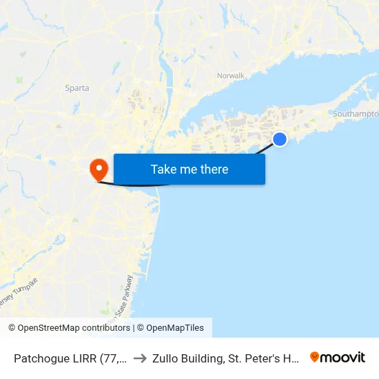 Patchogue LIRR (77, 77y) to Zullo Building, St. Peter's Hospital map