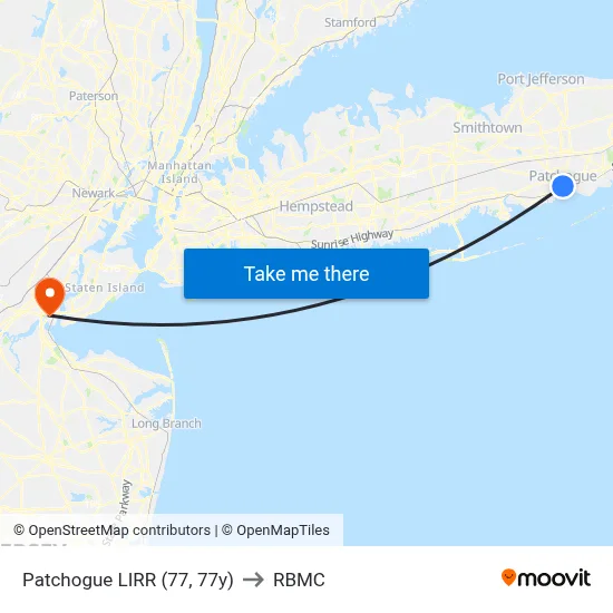 Patchogue LIRR (77, 77y) to RBMC map