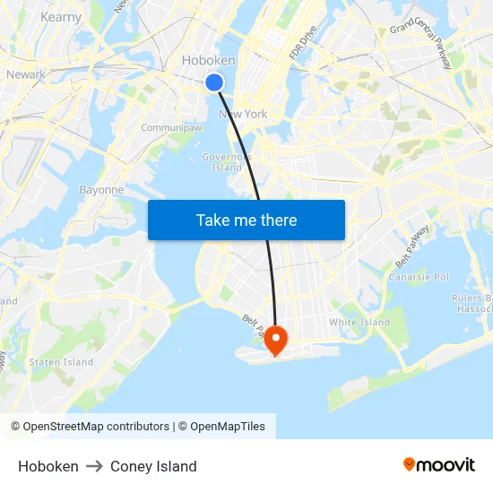 Hoboken to Coney Island map