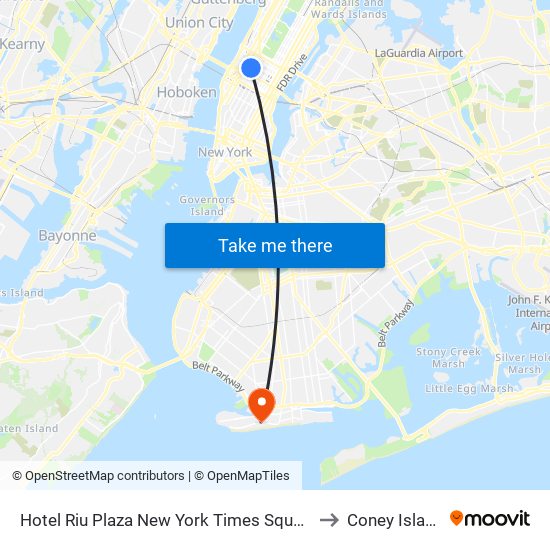 Hotel Riu Plaza New York Times Square to Coney Island map