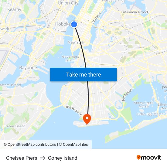 Chelsea Piers to Coney Island map