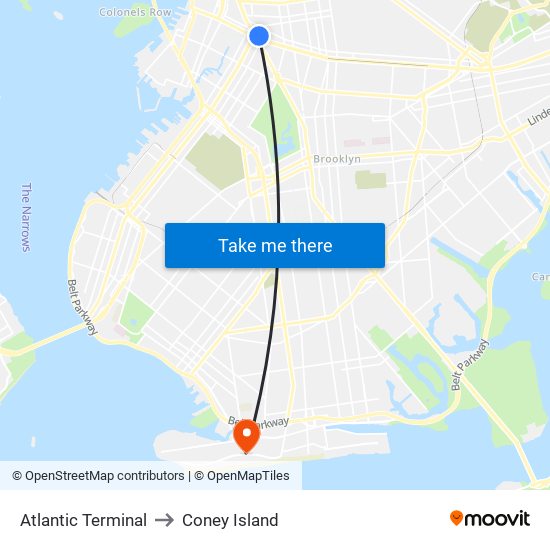 Atlantic Terminal to Coney Island map