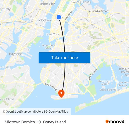 Midtown Comics to Coney Island map