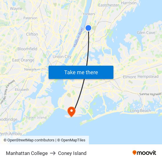 Manhattan College to Coney Island map